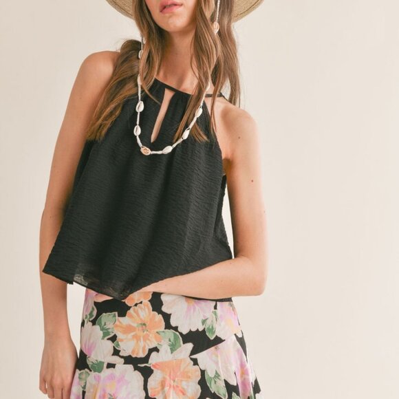 Women's Free Flowing Keyhole Halter Top | Black - Picture 1 of 5